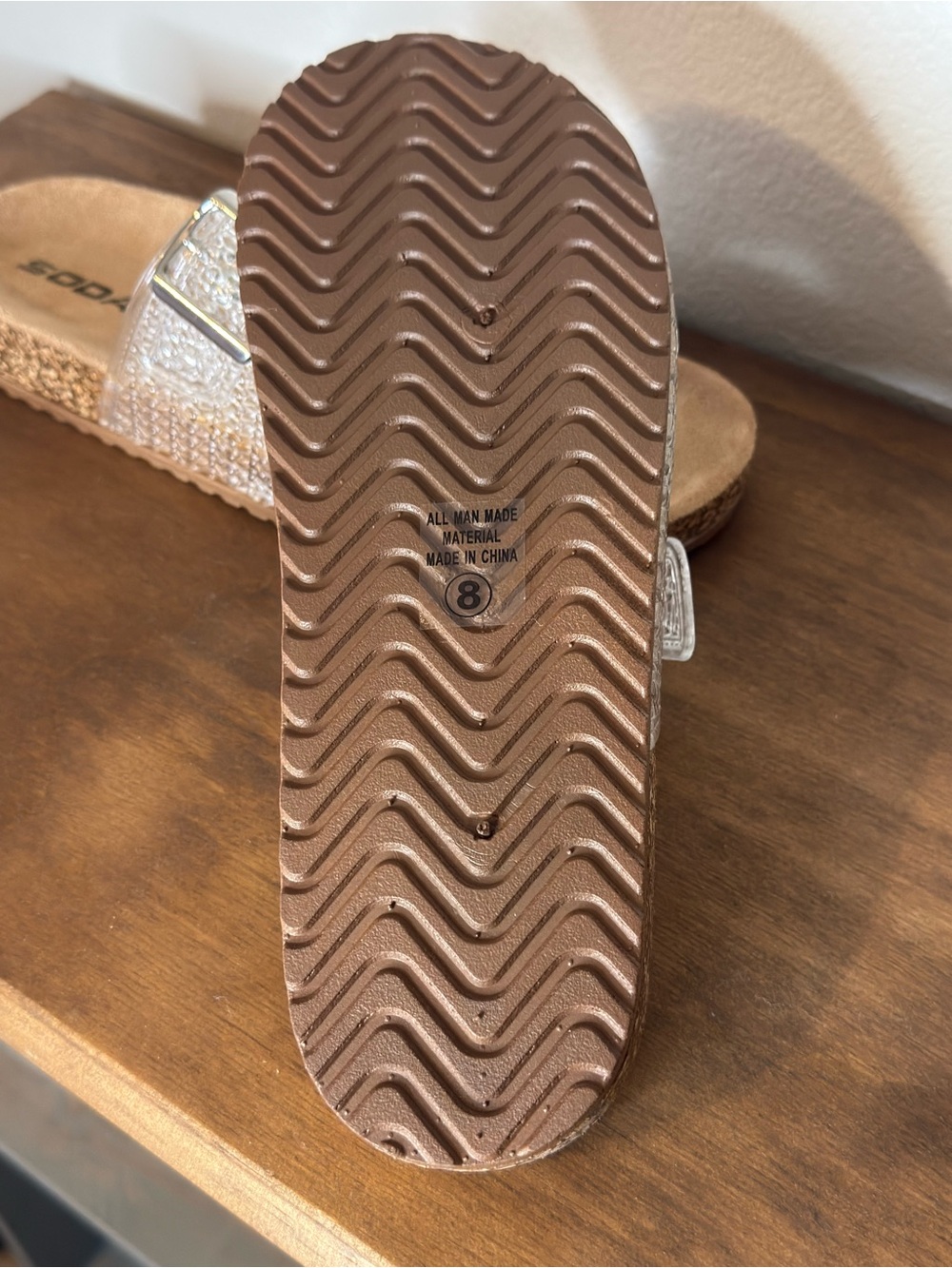 Clear Double-Buckle Cork Slide Sandals with Silver Buckles - Picture 5 of 8